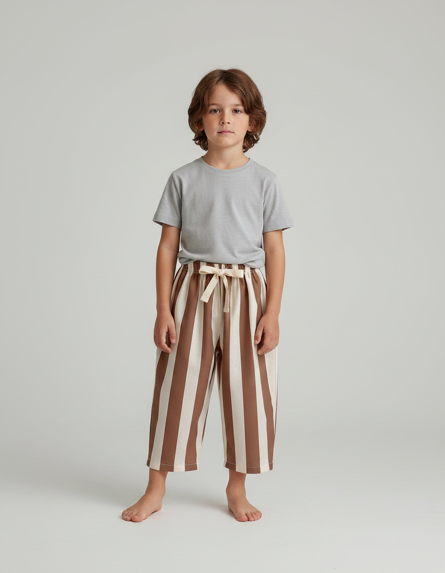 Pantalon Fluide Rayé Marron Ample Coton Enfant