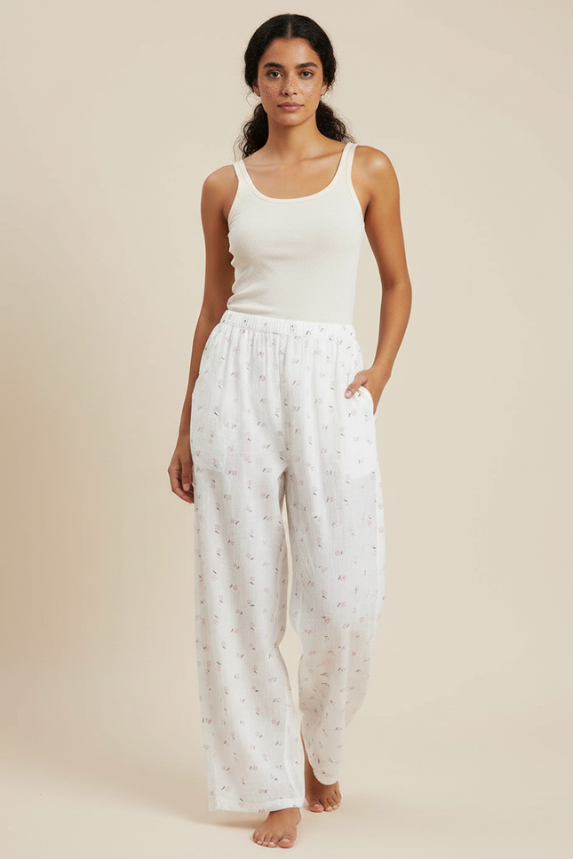 Pantalon Fluide Blanc Fleuri Coton Ample Doux - Imprimé