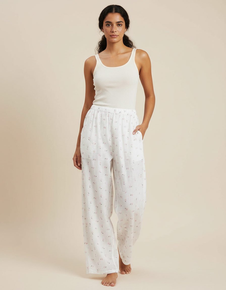 Pantalon Fluide Blanc Fleuri Coton Ample Doux - Imprimé