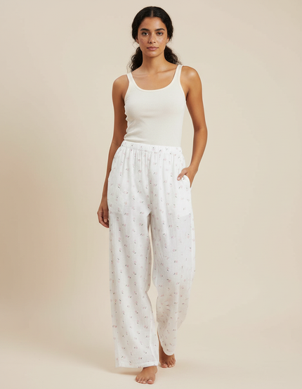 Pantalon Fluide Blanc Fleuri Coton Ample Doux - Imprimé