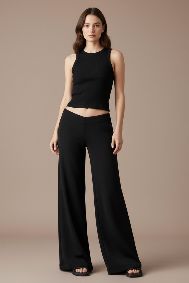 Pantalon Fluide Noir Ample Taille Haute Femme Élégant - Viscose