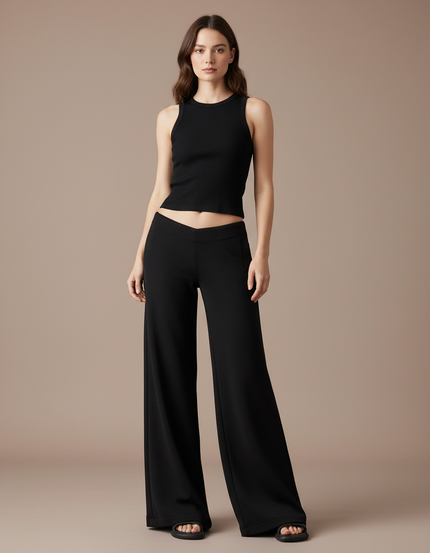 Pantalon Fluide Noir Ample Taille Haute Femme Élégant - Viscose