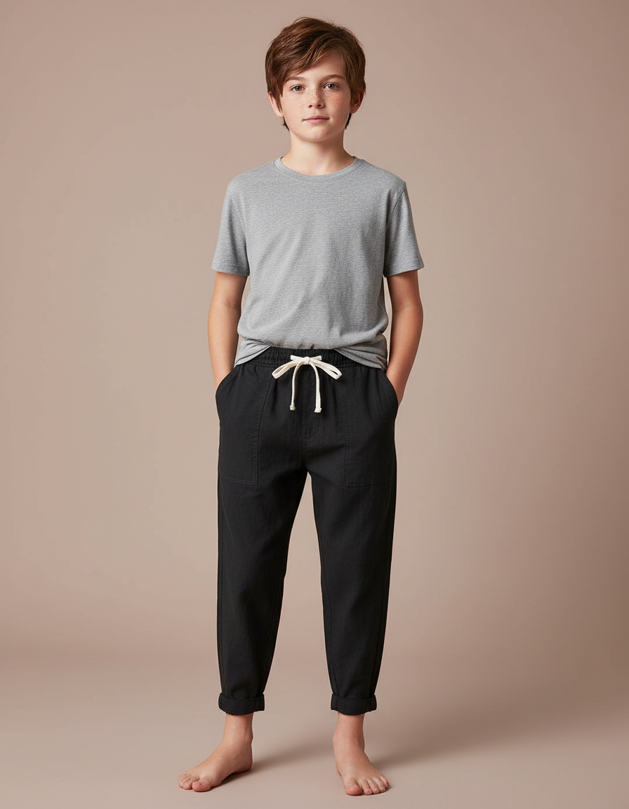 Pantalon Fluide Noir Ample Décontracté Coton Garçon