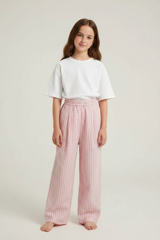 Pantalon Fluide Rose Carreaux Ample Confortable Fille - Coton