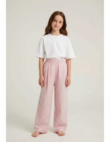 Pantalon Fluide Rose Carreaux Ample Confortable Fille - Coton