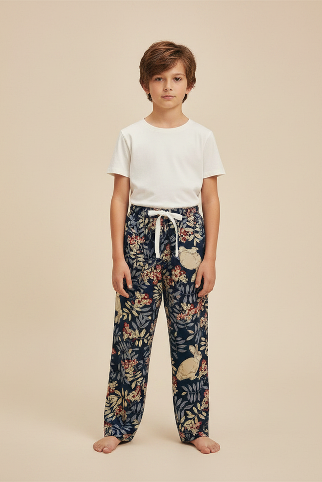 Pantalon Fluide Bleu Marine Imprimé Lapins Floral - Viscose