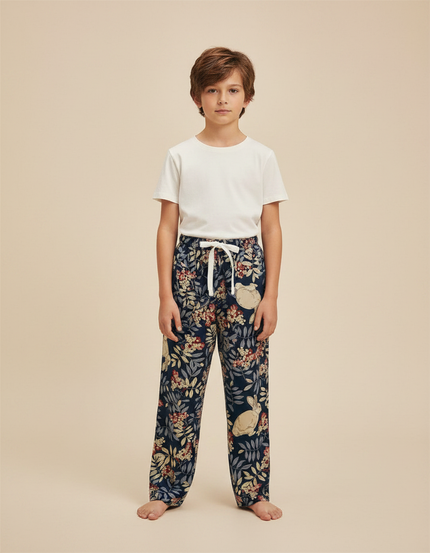 Pantalon Fluide Bleu Marine Imprimé Lapins Floral - Viscose
