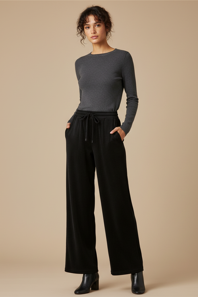 Pantalon Fluide Noir Ample Côtelé Taille Élastique Décontracté - Cordé