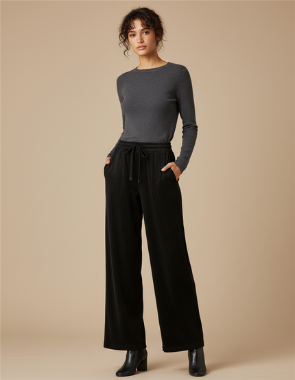 Pantalon Fluide Noir Ample Côtelé Taille Élastique Décontracté - Cordé