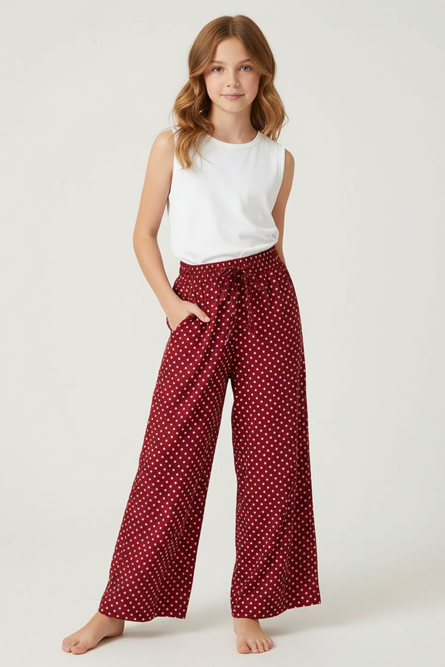 Pantalon Fluide Rouge Ample Pois Blancs Fille - Bordeaux Viscose