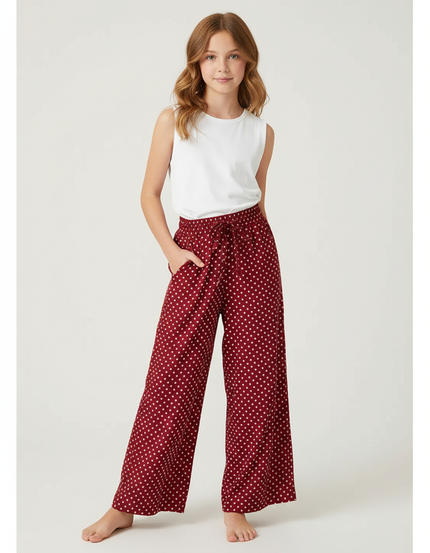 Pantalon Fluide Rouge Ample Pois Blancs Fille - Bordeaux Viscose