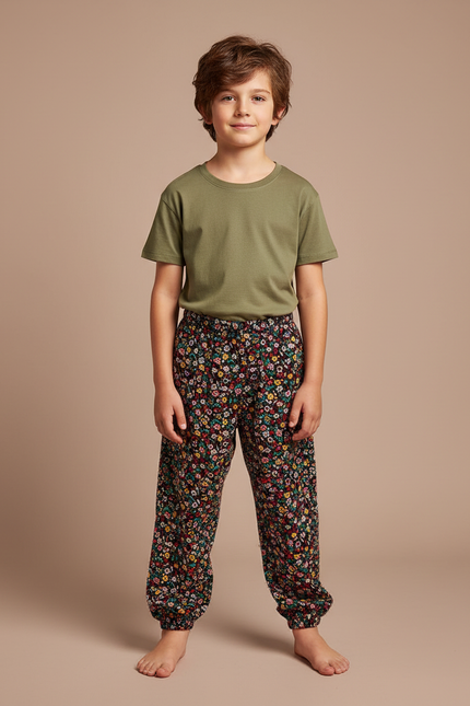 Pantalon Fluide Noir Fleuri Ample Décontracté Enfant - Multicolore Viscose