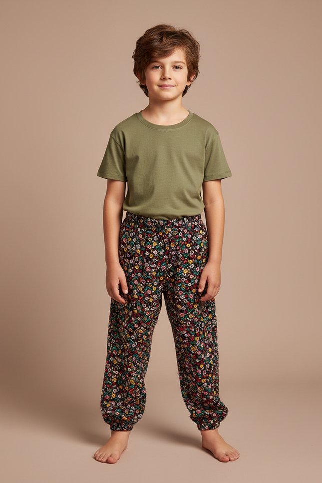 Pantalon Fluide Noir Fleuri Ample Décontracté Enfant - Multicolore Viscose