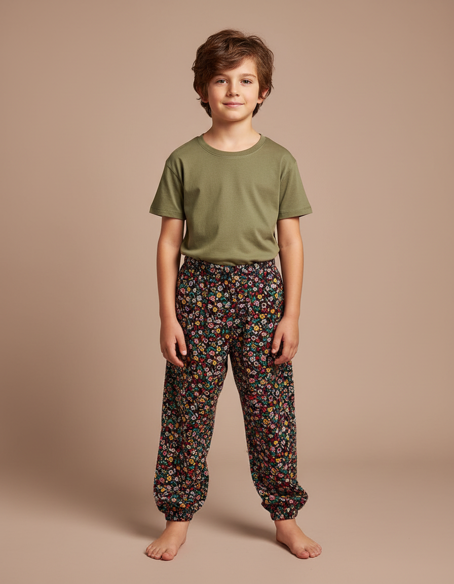 Pantalon Fluide Noir Fleuri Ample Décontracté Enfant - Multicolore Viscose