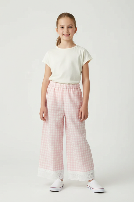 Pantalon Fluide Carreaux Vichy Rose Ample Enfant - Coton