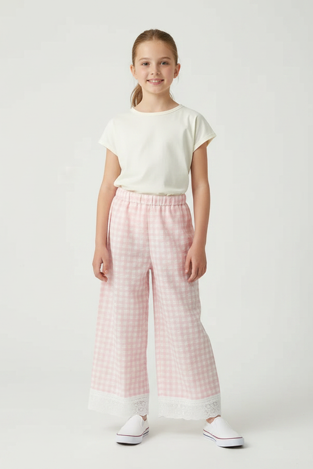 Pantalon Fluide Carreaux Vichy Rose Ample Enfant - Coton