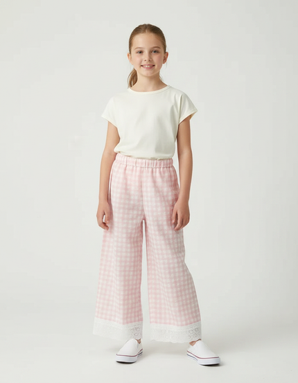 Pantalon Fluide Carreaux Vichy Rose Ample Enfant - Coton