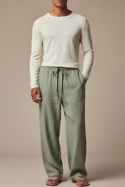 Pantalon Fluide Lin Vert Ample Décontracté Homme