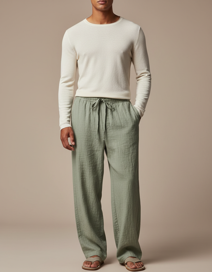 Pantalon Fluide Lin Vert Ample Décontracté Homme