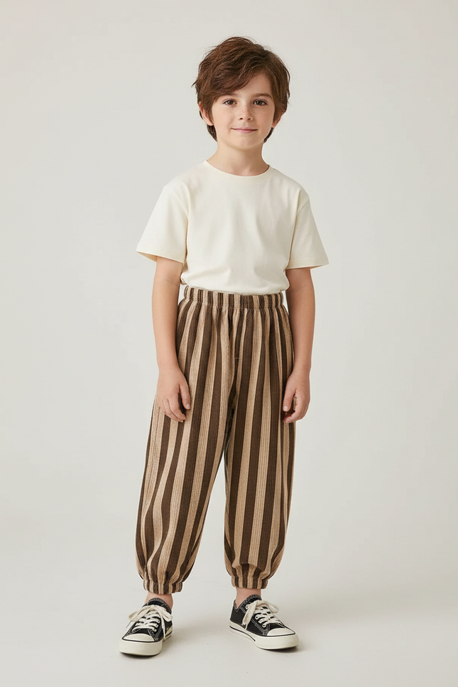 Pantalon Fluide Marron Rayé Ample Confortable Enfant - Cordé