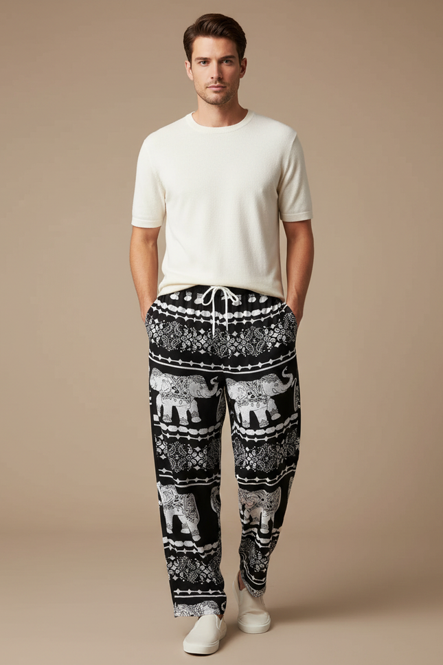 Pantalon Fluide Noir Ample Éléphant Thaïlandais Hippie - Viscose