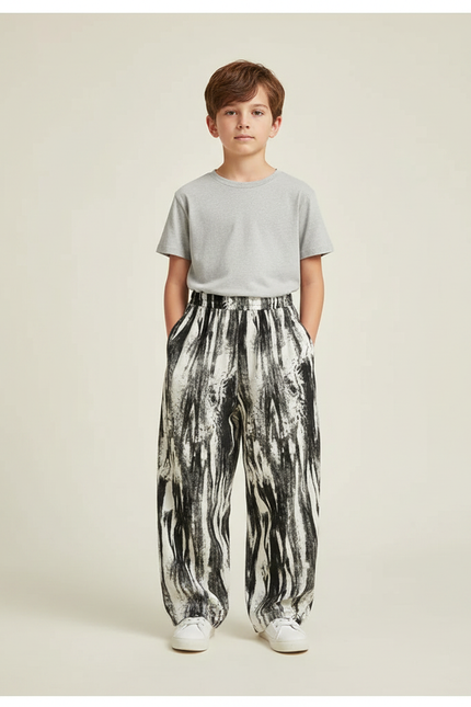 Pantalon Fluide Noir Blanc Ample Imprimé Peinture Décontracté - Viscose
