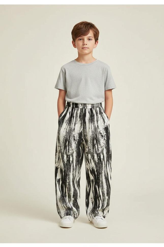 Pantalon Fluide Noir Blanc Ample Imprimé Peinture Décontracté - Viscose