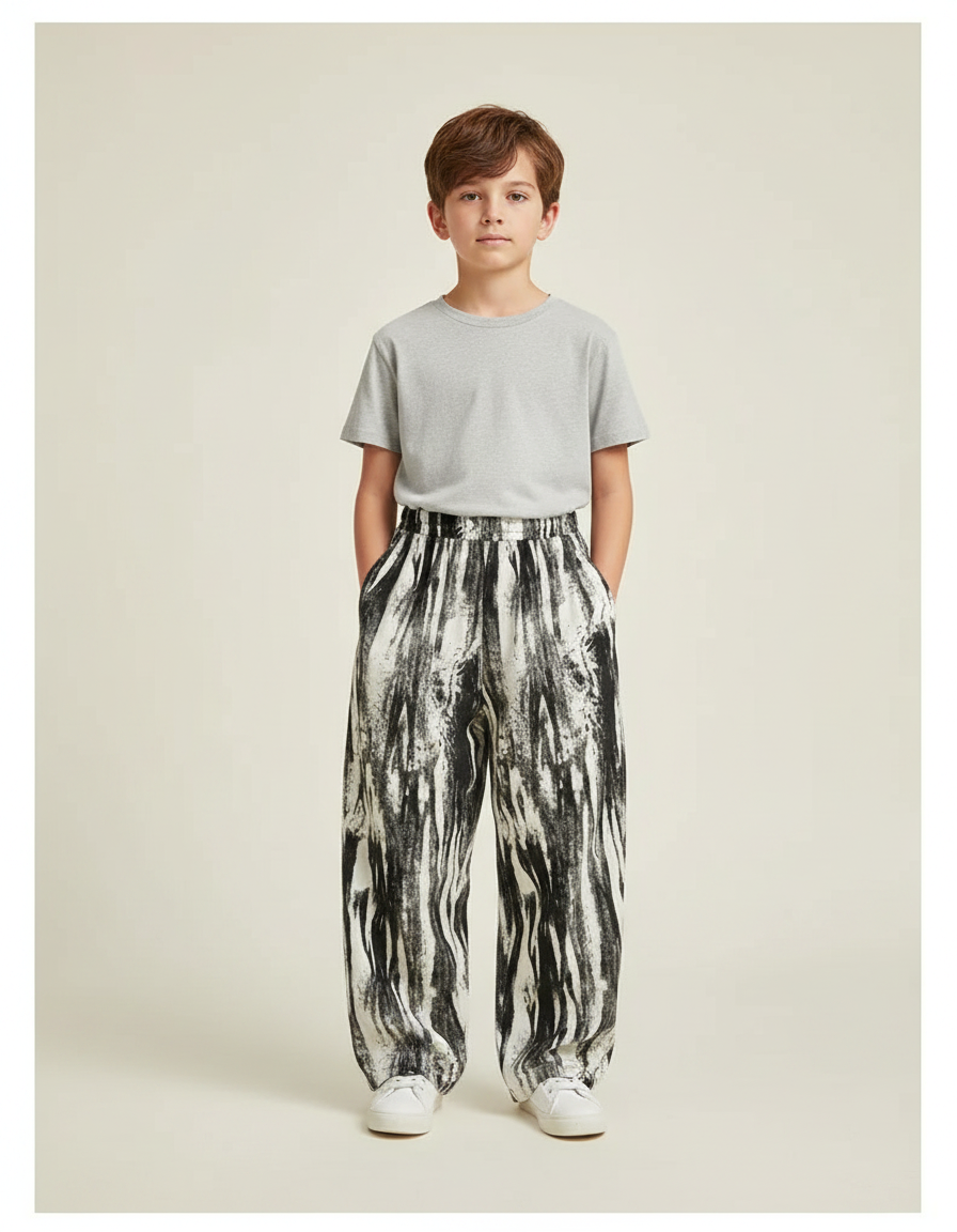 Pantalon Fluide Noir Blanc Ample Imprimé Peinture Décontracté - Viscose