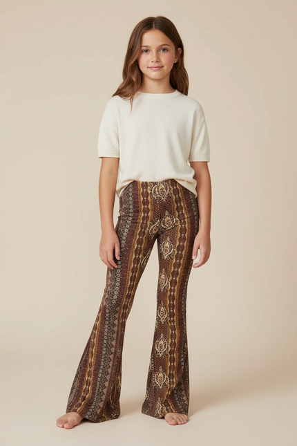 Pantalon Fluide Imprimé Évasé Marron Bohème Fille - Maille