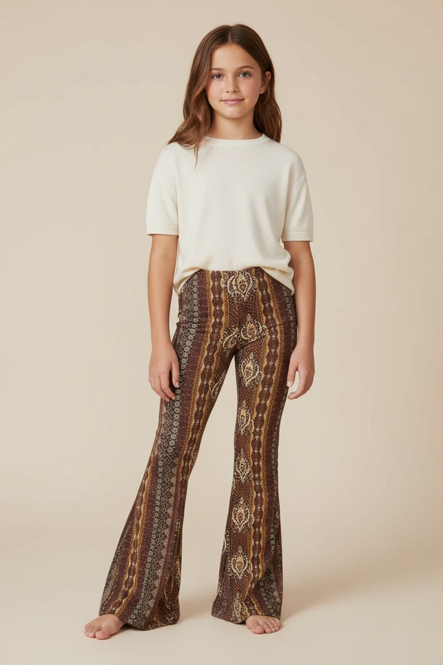 Pantalon Fluide Imprimé Évasé Marron Bohème Fille - Maille