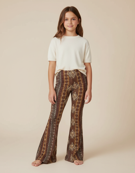 Pantalon Fluide Imprimé Évasé Marron Bohème Fille - Maille