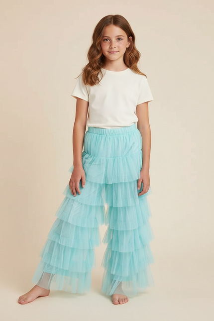 Pantalon Fluide Tulle Volants Ample Bleu Ciel Fille - Polyester