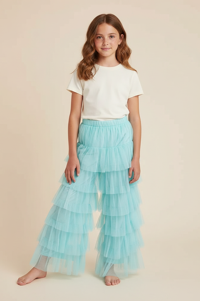 Pantalon Fluide Tulle Volants Ample Bleu Ciel Fille - Polyester