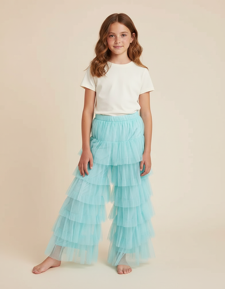 Pantalon Fluide Tulle Volants Ample Bleu Ciel Fille - Polyester