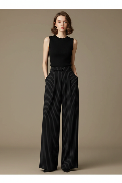 Pantalon Fluide Noir Rayé Taille Haute Élégant Ample - Viscose