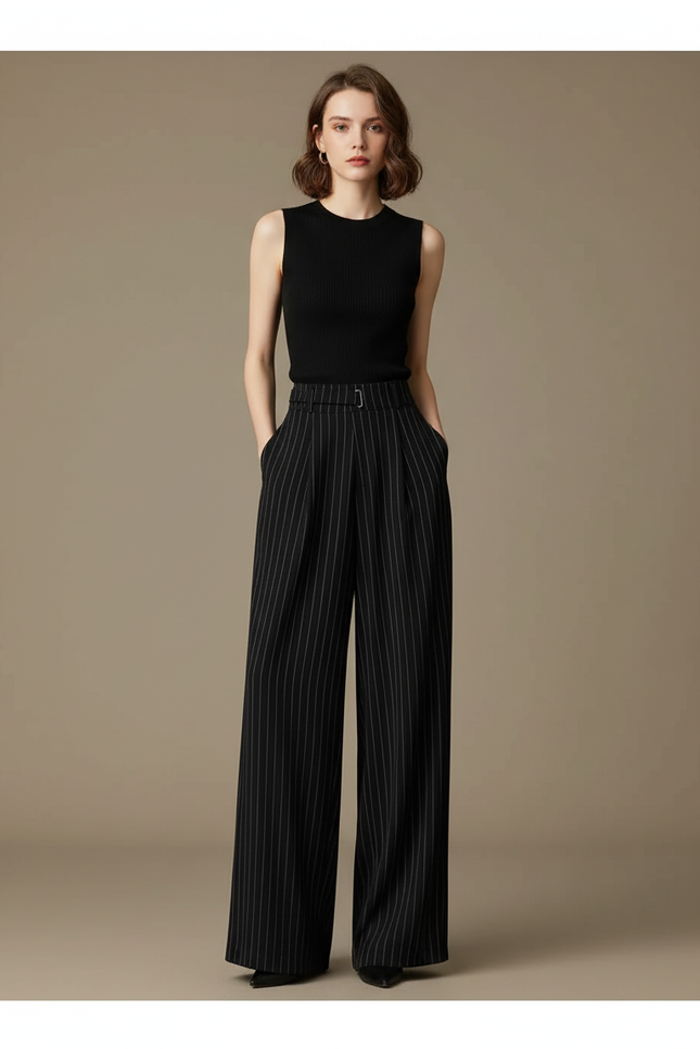 Pantalon Fluide Noir Rayé Taille Haute Élégant Ample - Viscose