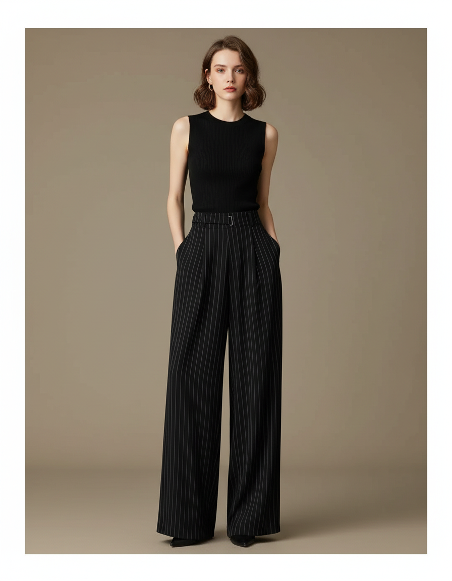Pantalon Fluide Noir Rayé Taille Haute Élégant Ample - Viscose