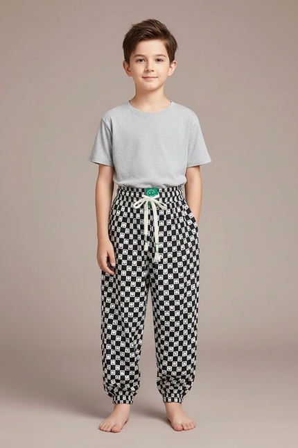 Pantalon Fluide Échec Noir Blanc Ample Garçon - Imprimé Viscose
