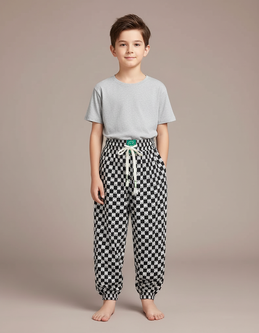 Pantalon Fluide Échec Noir Blanc Ample Garçon - Imprimé Viscose