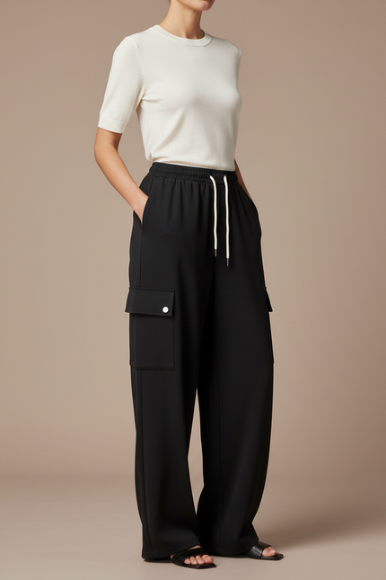 Pantalon Fluide Noir Cargo Ample Cordon Femme - Polyester
