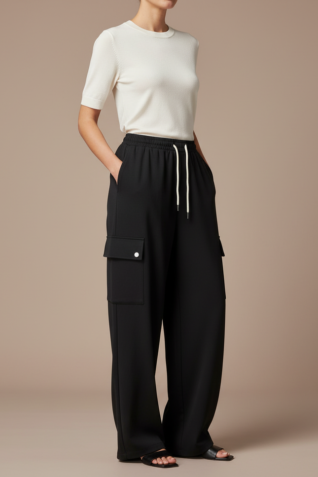 Pantalon Fluide Noir Cargo Ample Cordon Femme - Polyester