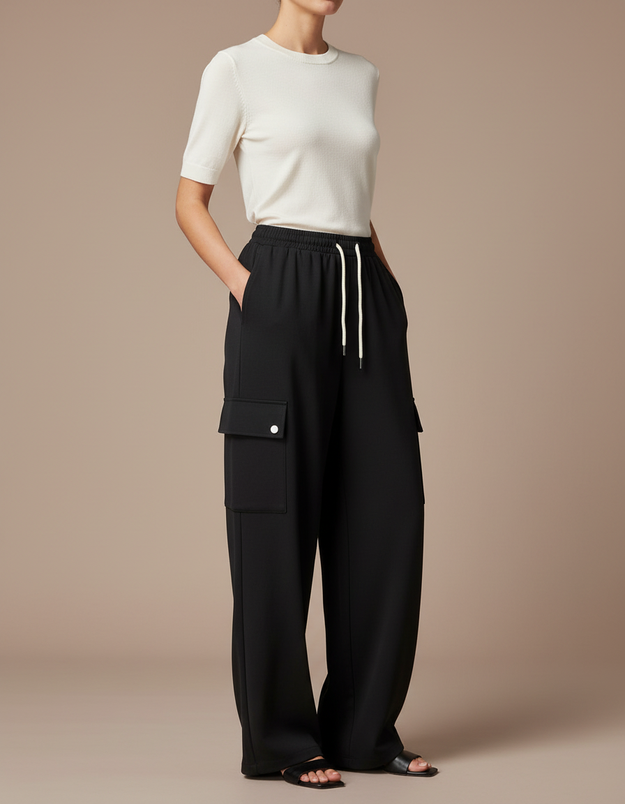 Pantalon Fluide Noir Cargo Ample Cordon Femme - Polyester