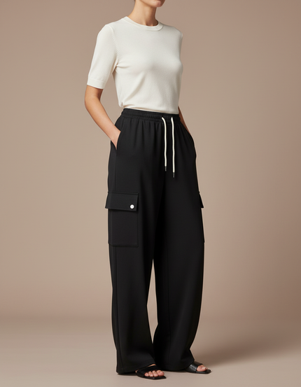 Pantalon Fluide Noir Cargo Ample Cordon Femme - Polyester