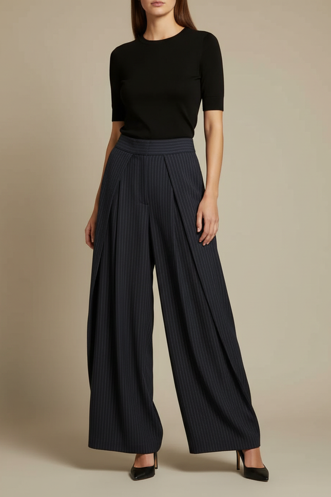 Pantalon Fluide Rayé Noir Plissé Ample Élégant - Laine