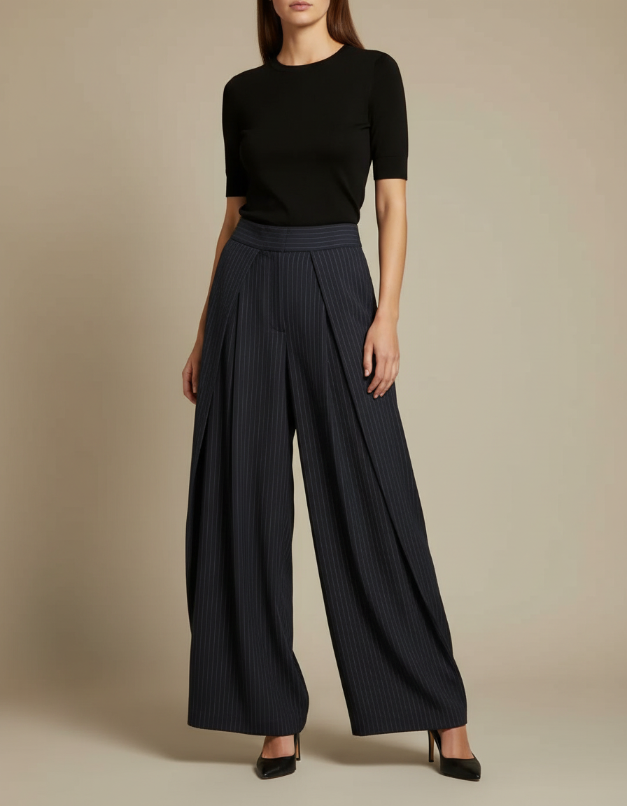 Pantalon Fluide Rayé Noir Plissé Ample Élégant - Laine