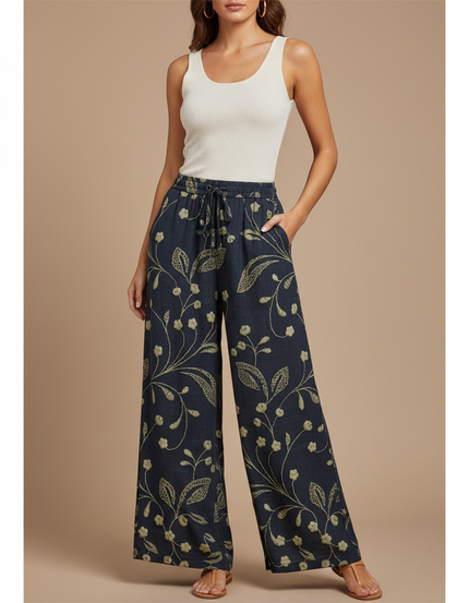 Pantalon Fluide Imprimé Floral Ample Cordon Décontracté Femme - Marine Viscose
