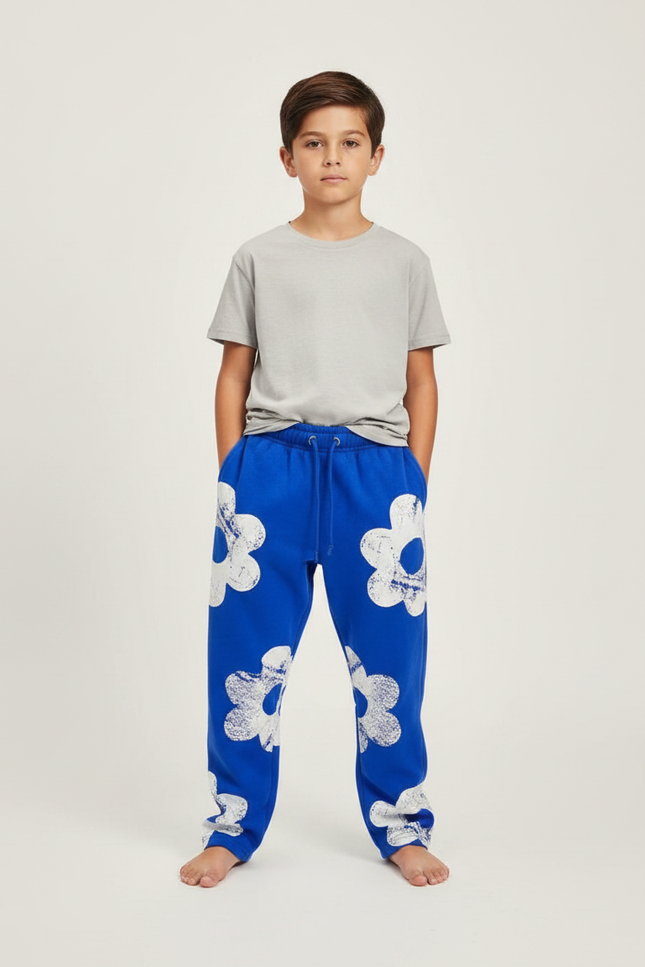 Pantalon Fluide Bleu Cordon Ample Imprimé Floral Garçon - Molleton