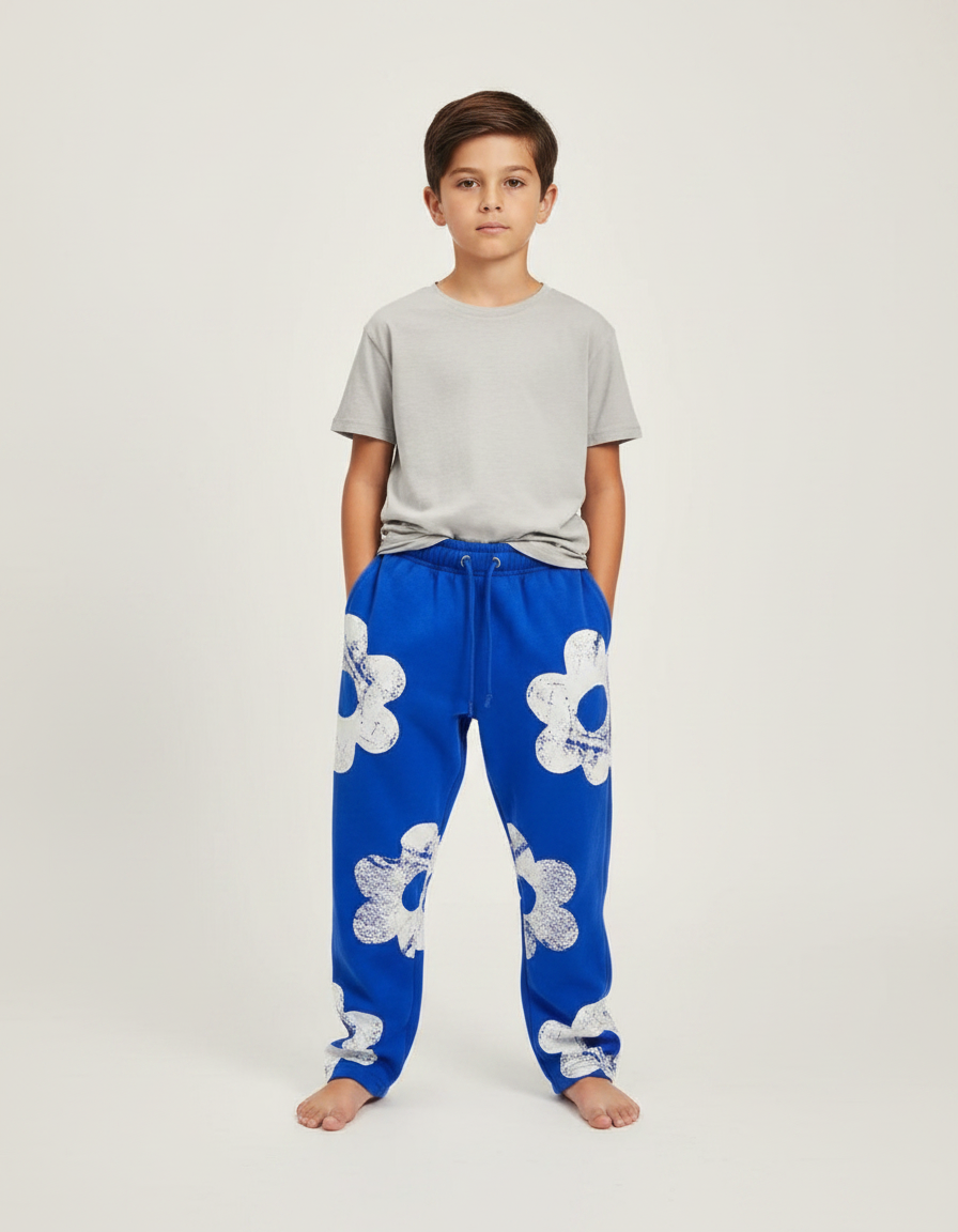 Pantalon Fluide Bleu Cordon Ample Imprimé Floral Garçon - Molleton
