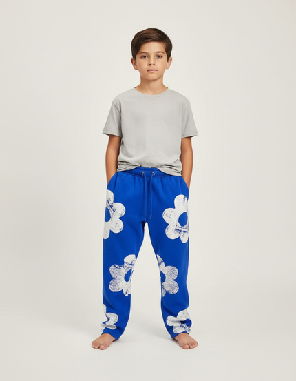 Pantalon Fluide Bleu Cordon Ample Imprimé Floral Garçon - Molleton