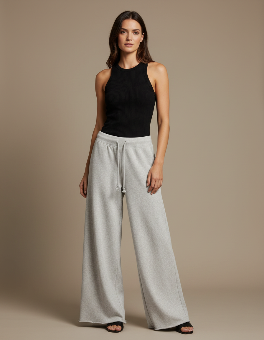 Pantalon Fluide Gris Ample Coton Cordon Femme - Molleton